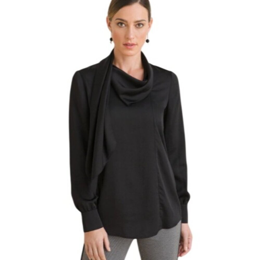 Chico's Women's 4 (20/22) Black Wrap Neck Blouse Top Long Sleeves MRSP $99 NWT